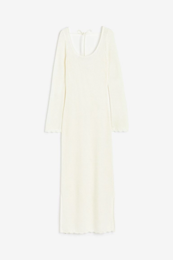 Tie Detail Hole Knit Dress - Deep neckline - Long sleeve - Cream - Ladies | H&M AU