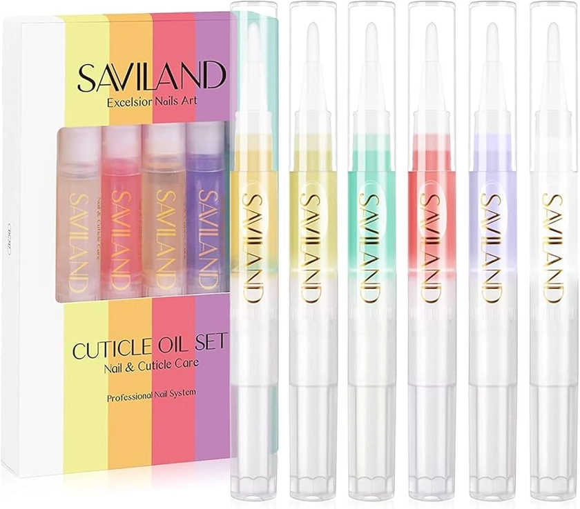 Saviland Huile Cuticules Ongles Stylo, 6pcs Huile Cuticules Ongles Fruité et Jasmin, Huile Ongles et Cuticle Oil pour Hydrater, Apaiser, Régénérer, Nourrir et Favoriser la Croissance Saine des Ongle