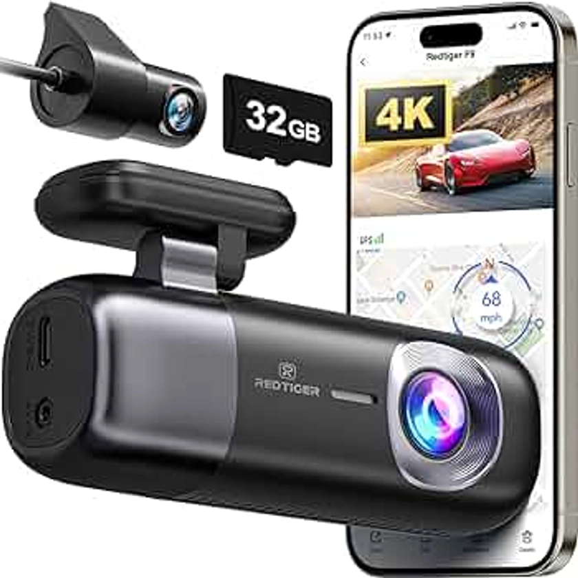 REDTIGER Dash Cam 4K Front and Rear 1080P, WiFi GPS Car Camera with 32GB Card, Dual Dash Camera for Cars, Loop Recording, Night Vision, Parking Mode, Smart App Control, Support 256GB Max