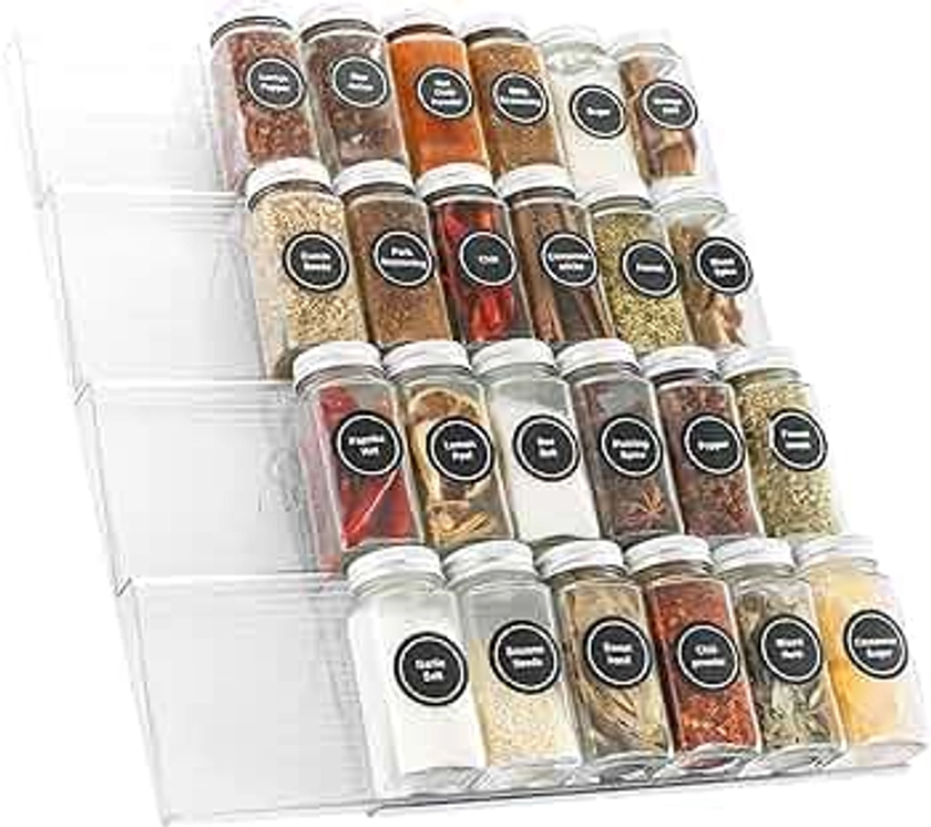Dyzena Clear Spice Drawer Organiser, 4 Tier Drawer Spice Rack Expandable from 27 cm to 54 cm for Convenient Storing Seasoning Jars Spice Rack Inside Drawer Insert for Kitchen, Countertop