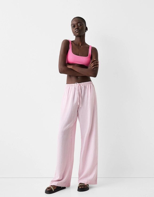 Pantalon straight lin mélangé taille élastique