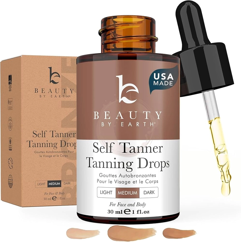 Self Tanning Drops - USA Made with Natural & Organic Ingredients, Medium Face Tanning Drops to Add to Lotion, Moisturizing Bronzing Drops for Face & Body, Toxin Free Face Tanner for Fake Tan