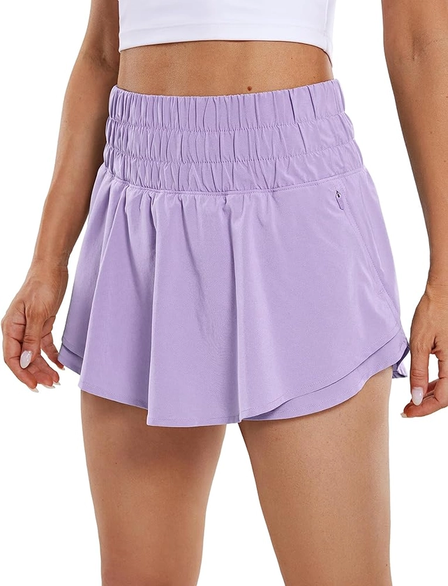 CRZ YOGA Athletic Shorts for Women High Waisted Flowy Ruffle Skirt Overlay Workout Running Tennis Shorts Zip Pocket