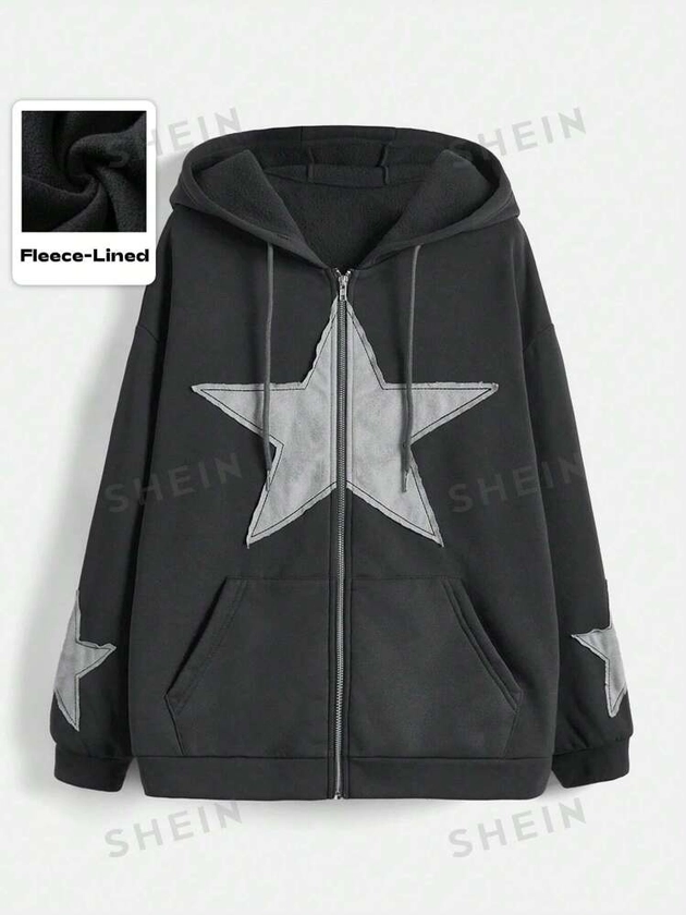 ROMWE Grunge Punk Plus Size Grunge Style Star Patch Fleece Sweatshirt Sweatshirt, School