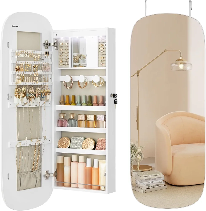 SONGMICS Armoire à Bijoux, Miroir Mural avec LED et Serrure, Miroir Psyché avec Plusieurs Compartiments, pour Boucles d’Oreilles, Colliers, Surface Blanche et Doublure Grise Beige JJC026W01