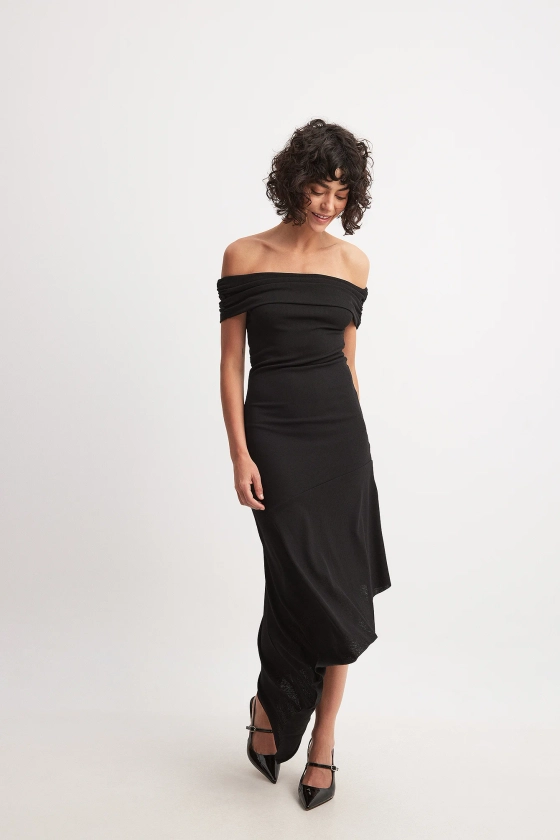 Off Shoulder Flounce Midi Dress Noir