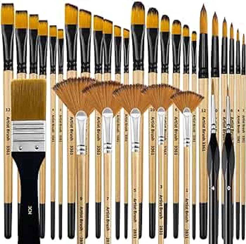 Bougimal 32 Pieces Paint Brush Set, Artist Series, Nylon Bristles with Round, Filbert, Flat, Fan, Angle, Fine Detail Brush, Suitable for Artists and Beginners for Acrylic Painting, Oil, Watercolor