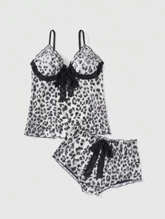ROMWE Grunge Punk Dark Punk Style Mesh Leopard Printed Lace Hem Bowknot Sleeveless Top And Shorts Pajama Set