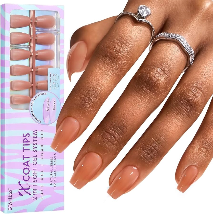 BTArtbox Press On Nails Short - Coffin Soft Gel Nail Tips, Natural XCOATTIPS Pre-applied Tip Primer, Ultra Fit False Nails for Nail Extensions