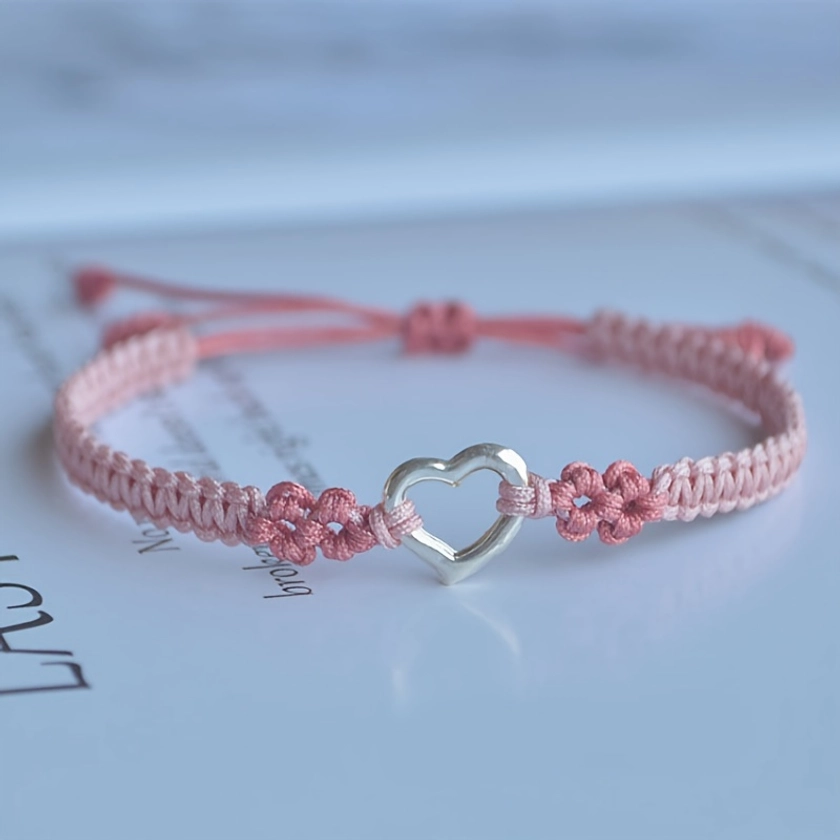 1-Piece Set Handcrafted Woven Bracelet, * Pendant Match Peach * Weave Chain, Cute And *, Ideal For Couples And *, Adjustable