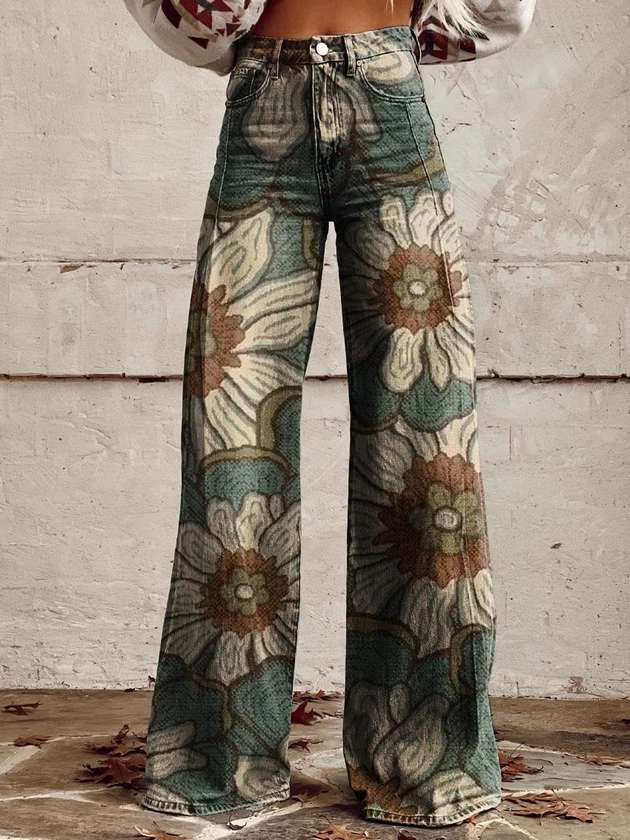 Women's Flower Print Casual Wide Leg Pants