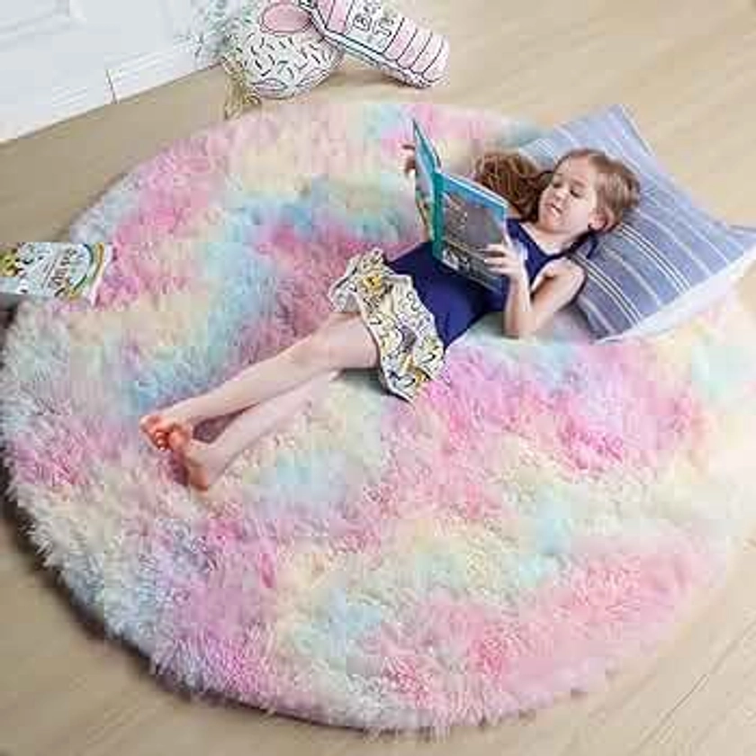 Amdrebio Rainbow Fluffy Rugs for Girls Bedroom 4ft,Unicorn Room Decor,Pastel Round Rug for Kids, Shag Carpet for Nursery, Soft Play Mat for Baby, Fuzzy Area Rug for Living Room,Plush Rug for Playroom