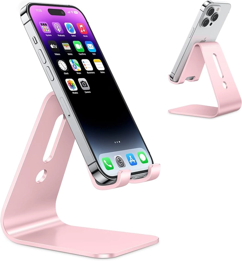 OMOTON Upgraded Aluminum Cell Phone Stand, C1 Durable Cellphone Dock with Protective Pads, Smart Stand Designed for iPhone 15, 14/13/12/11 Pro Max XR XS, iPad Mini, Android Phones,Rose Gold