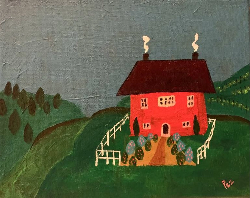 Red House on a Hill Painting