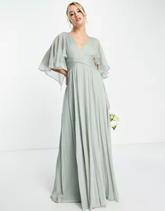 ASOS DESIGN - Robe longue drapée pour demoiselle d'honneur à mancherons évasés avec corsage froncé et taille croisée - Olive | ASOS