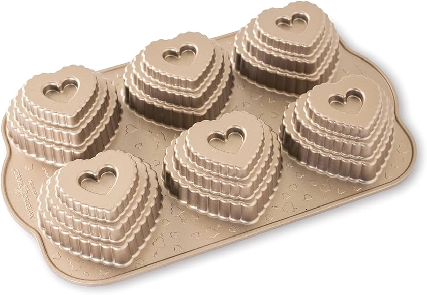 Nordic Ware Tiered Heart Cakelet Pan, Cast Aluminium Mini Bundt Tin, Bundt Cake Tin for 6 Cakes, Premium Heart Cake Mould Made in The USA, Colour: Toffee : Amazon.co.uk: Home & Kitchen