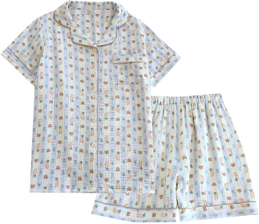 Womens Cute Pajama Set Short Sleeve Button Up Shirt and Shorts 2 Piece Cotton Pj Sets