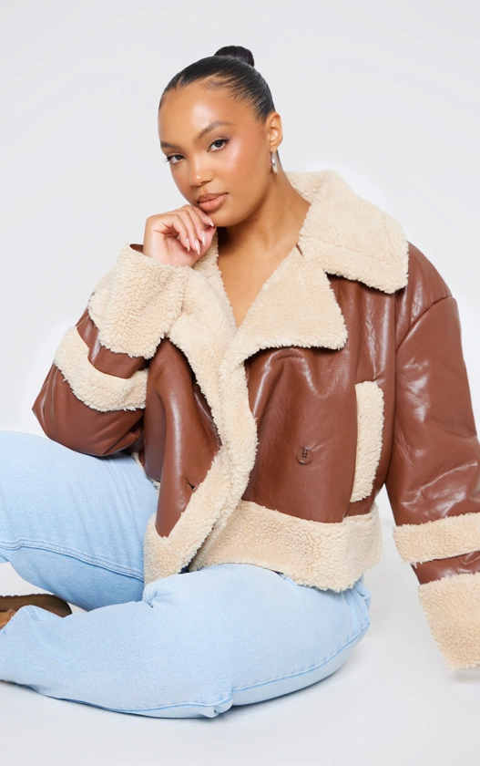 Plus Brown Battered Faux Leather Faux Fur Trim Coat