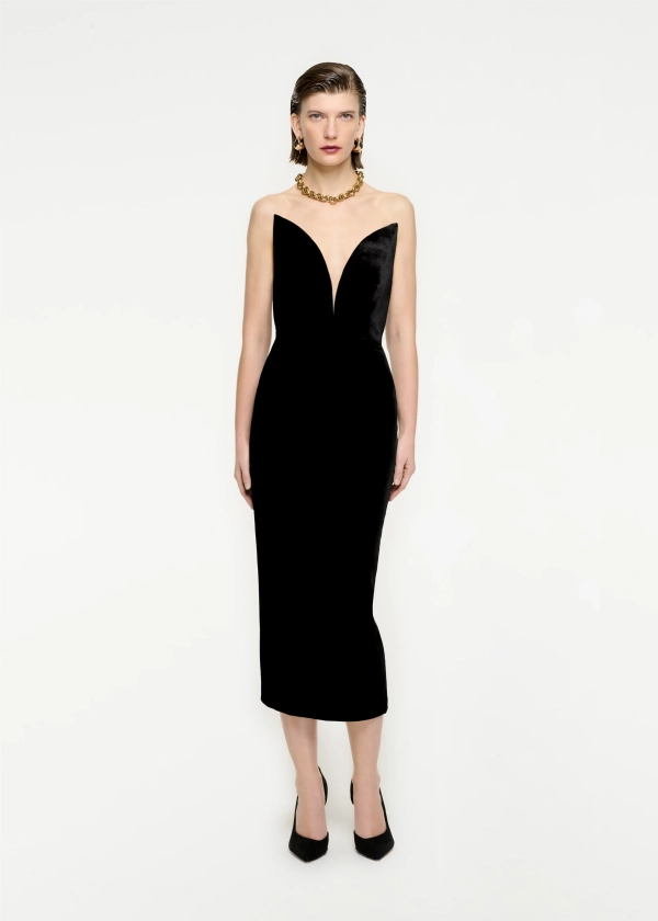 Strapless Velvet Midi Dress in Black