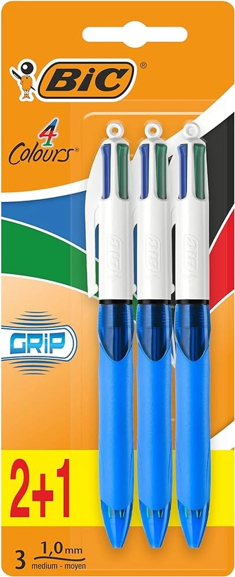 BIC 8899301 4 Colour Grip balpen 3 stuks op kleur gesorteerd : Amazon.nl: Kantoorproducten