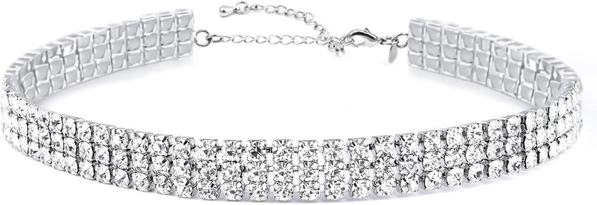 Zealmer 3 Row Rhinestone Choker Necklace for Women 18K Gold Plated