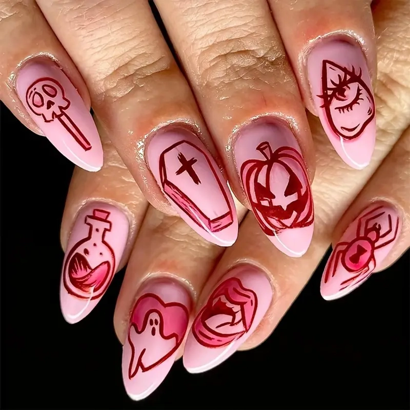 shaped Press Nails Pink Halloween Nail Art - Temu