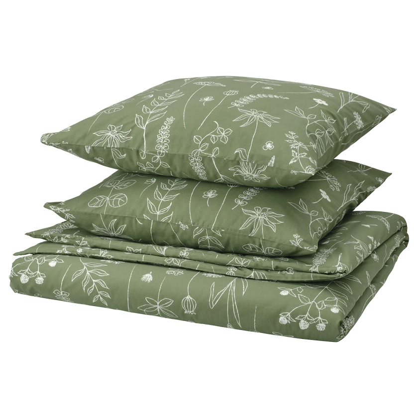 SLÅNGULDMAL Housse de couette et 2 taies - vert/motif floral 240x220/65x65 cm