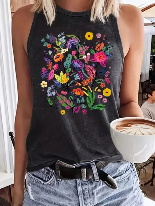 Floral Print Crew Neck Tank Top, Casual Sleeveless Tank Top For Summer, Women's Clothing