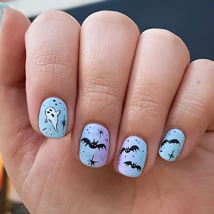 Matte Gradient Press Nails Set Halloween Bat - Temu