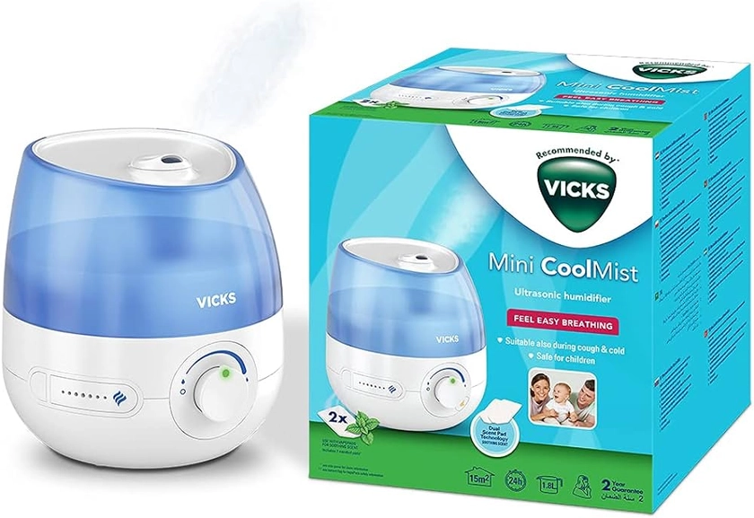 Vicks Mini Cool Mist Humidificateur d’air à ultrasons, réservoir 1,8 L, pour les chambres, bureaux, chambres de bébé jusqu’à 15 m², silencieux, tablettes aux huiles essentielles incluses - VUL525