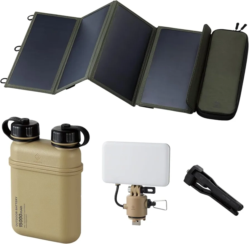 ELECOM NESTOUT 15000mAh Outdoor Power Bank + 4-Panel Solar Panel Charger + Flash-1 LED Flash Light Panel 1000 Lumen - Beige