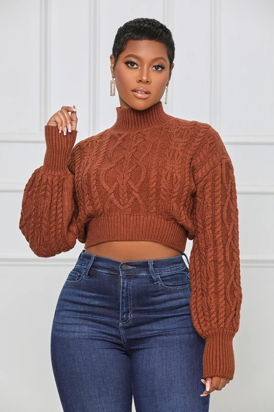 Good For You Crop Cable Knit Sweater (Brown)-FINAL SALE