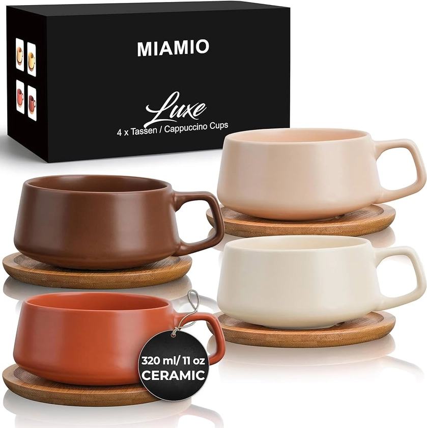 MIAMIO - 4 x 320 ml tasses à café/set de tasses et soucoupes/tasses à café en grès élégantes et modernes - Set Luxe collection 4pcs (Beige Pastel)