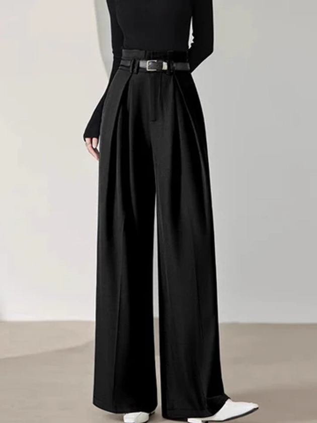 Solid Belted Pleated Wide Leg Pants