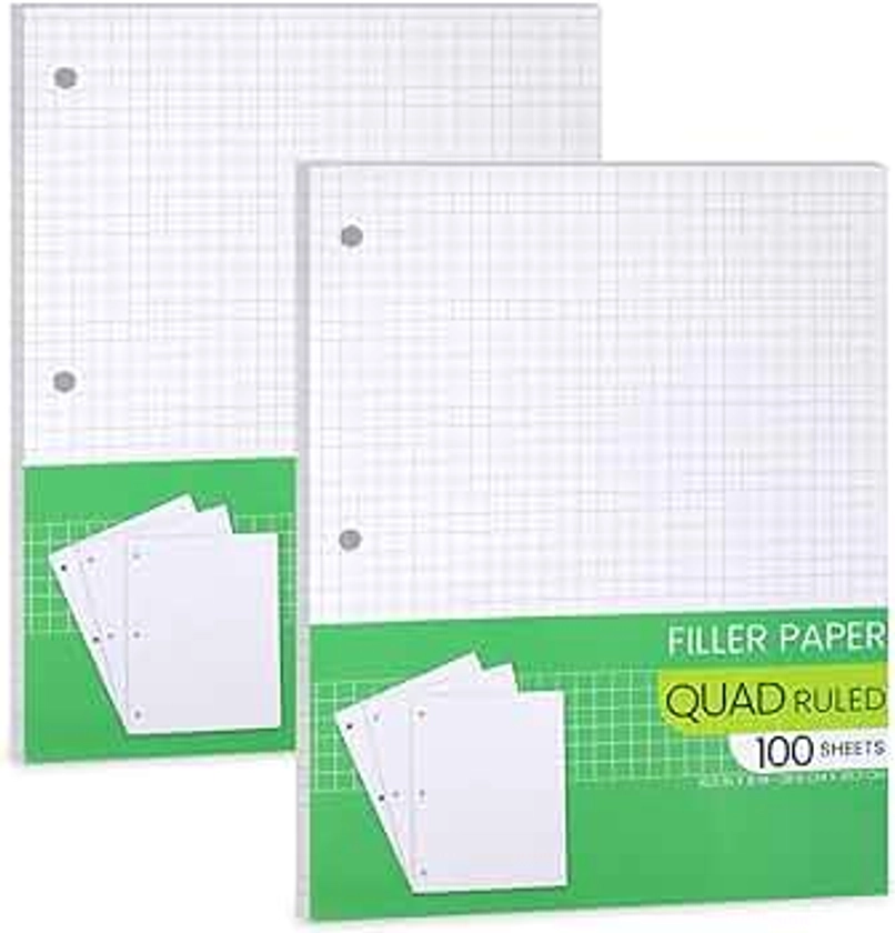 Graph Paper, Filler Paper Loose leaf Graph Paper - 8” x 10.5" - Graph Ruled, 4x4 Quad Ruled Notebook Paper, 3 Hole Punched Loose leaf Papers for 3 Ring Binders - 100 Sheets per Pack (2 Pack)