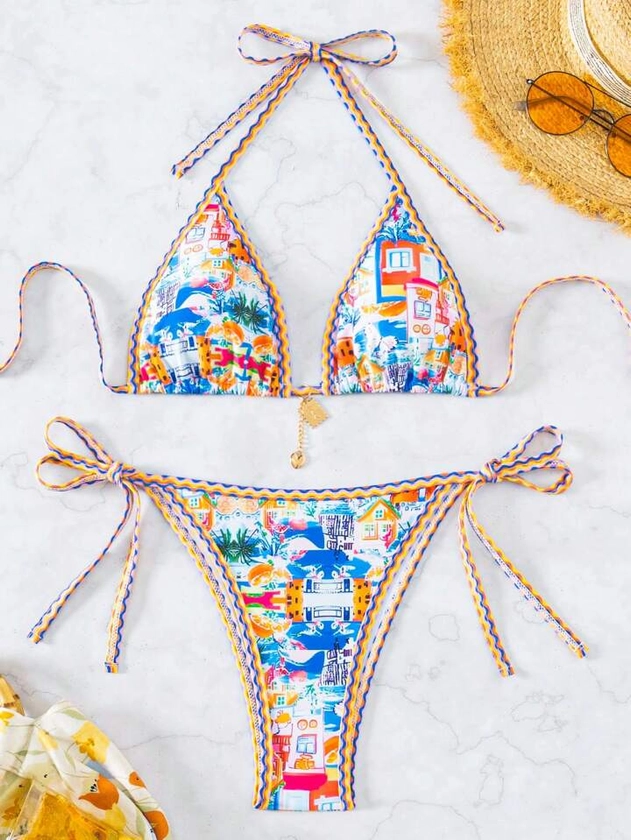 SHEIN Swim Summer Beach Women's Palm Tree Print Halter Neck Tie Bikini Set For Vacation | SHEIN UK