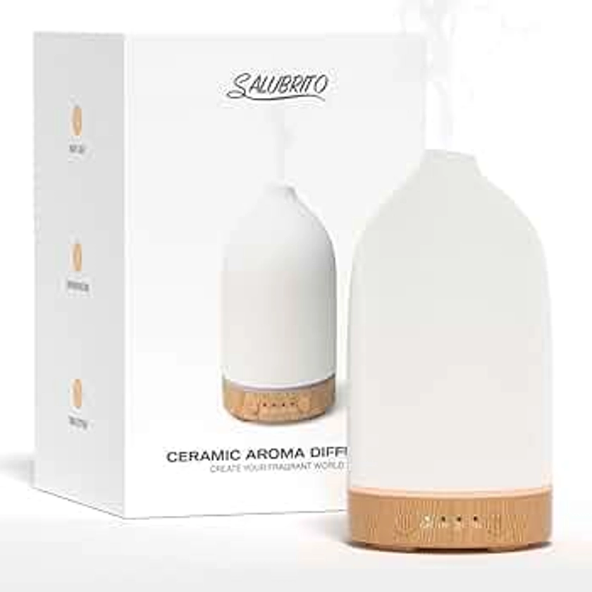 SALUBRITO Ceramic Essential Oil Diffuser, 100ml Ultrasonic Aromatherapy Diffuser for Home, Office, Cool Mist, Scented Oil Diffuser with Warm Light & Timer Setting, Great for Yoga, Sleep, White