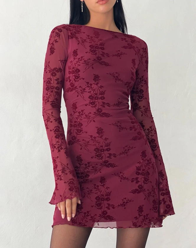 Sevila Long Sleeve Mini Dress in Flocked Botanical Flower Maroon