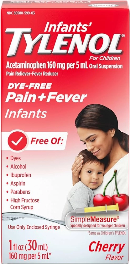 Amazon.com: Tylenol Infants Oral Suspension Liquid Medicine with Acetaminophen, Baby Fever Reducer & Pain Reliever for Minor Aches & Pains, Sore Throat, Headache & Teething Pain, Dye-Free Cherry, 1 fl. oz : Health & Household