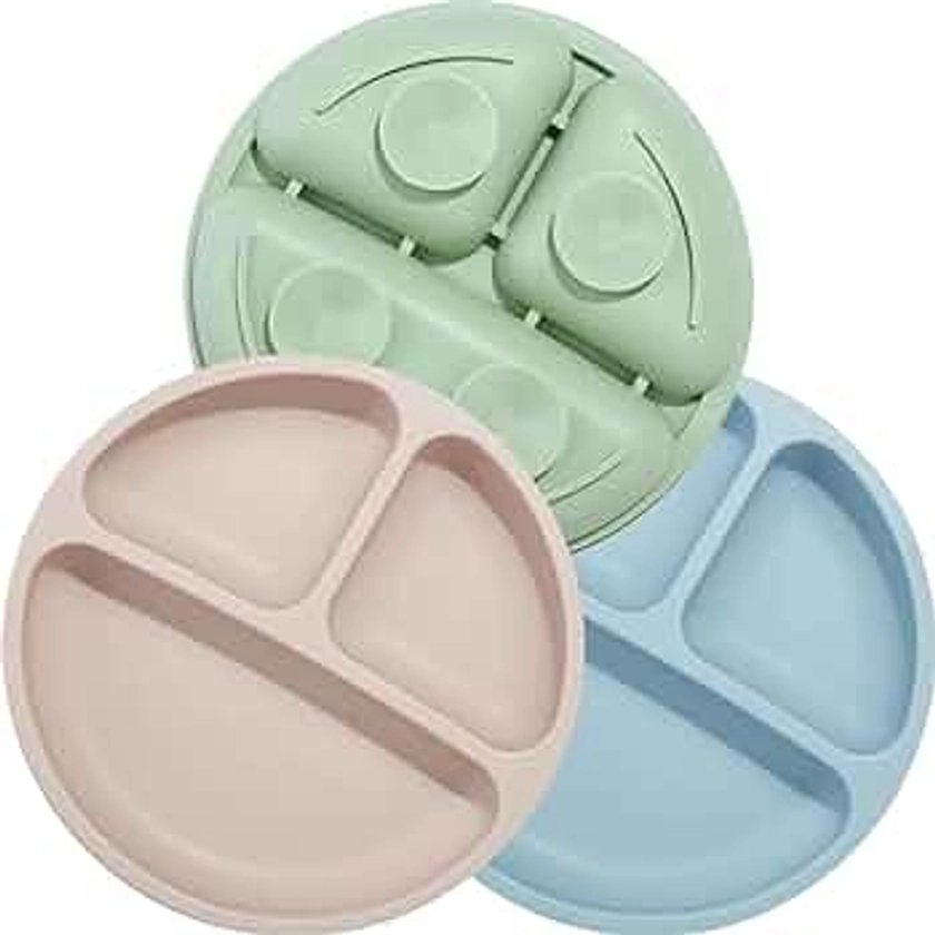 PandaEar Divided Unbreakable Silicone Baby and Toddler Plates - 3 Pack - Non-Slip - Dishwasher and Microwave Safe - Silicone (Blue Green Brown)