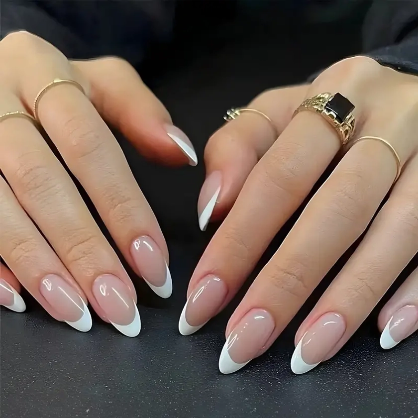 24pcs Glossy Medium Almond * Nails, White French Tip Press On Nails Minimalist Style False Nails For Women Girls - Daily Wear !