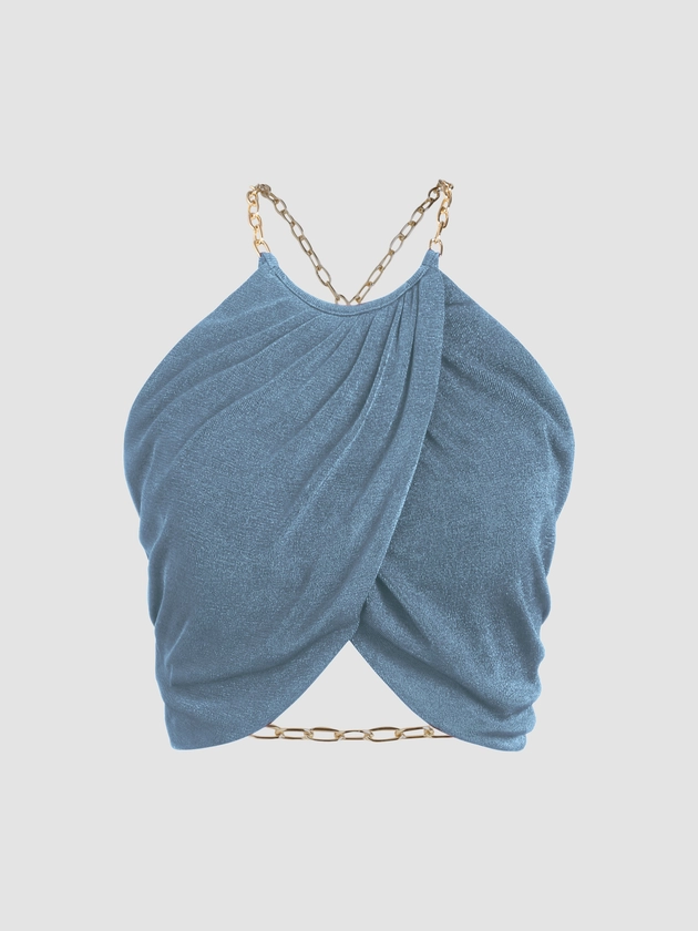 Solid Metal Chain Backless Ruched Crop Top