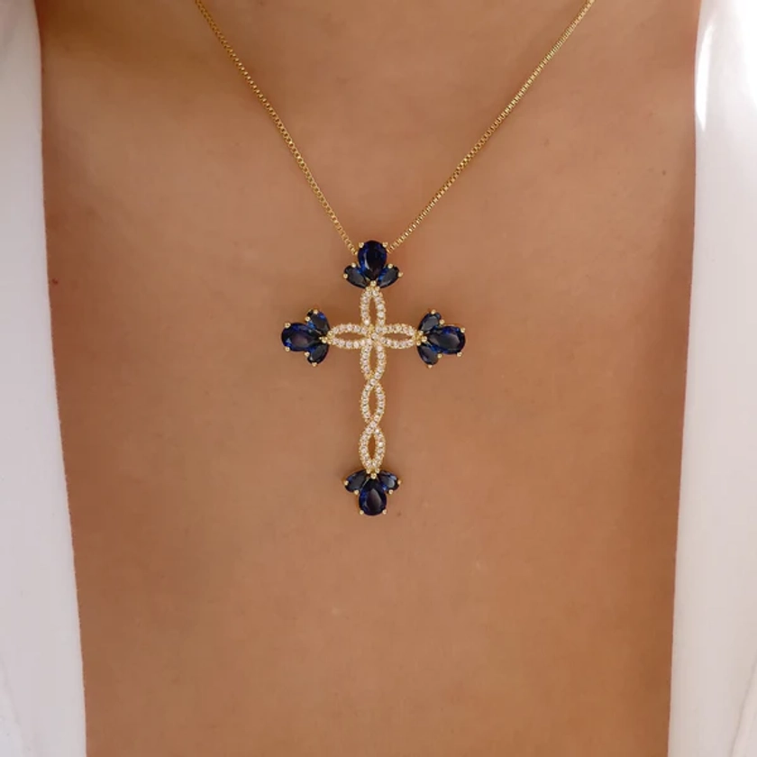 Crystal Alissa Cross Necklace (Blue)