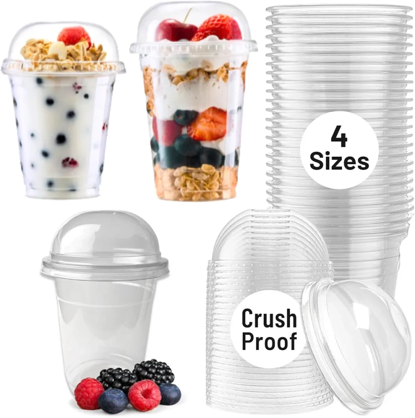 Plastic Cups with Lids Dome | 50 Pack | Leak & Crush Proof | 10oz / 284ml | Smoothie Cup, Slushie Cup, Milkshake Cups, Slush Puppy Cups, Plastic Smoothie Cups with Lids