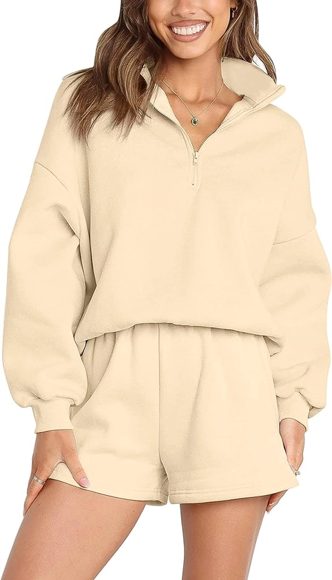 MEROKEETY Women's 2024 Fall Oversized 2 Piece Lounge Sets Long Sleeve Zipper Shorts Sweatsuit Outfits with Pockets