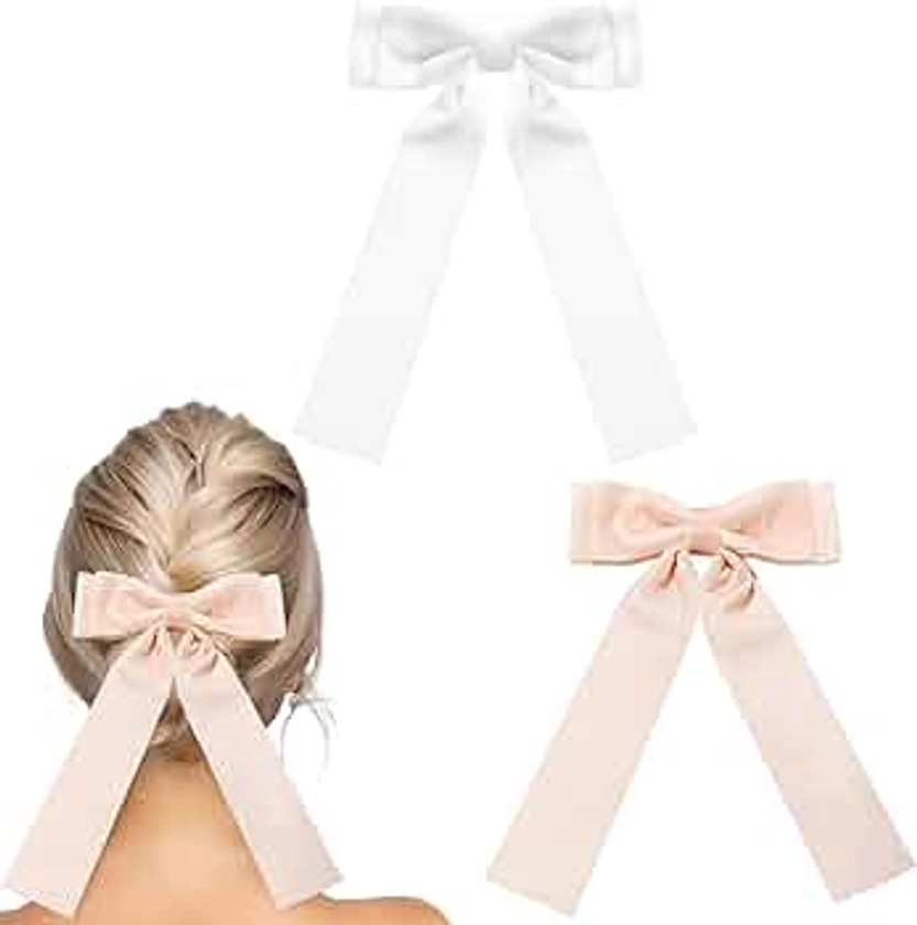 Leogony 2PCS Velvet Hair Bow Clip, French Hair Ribbon for Girls Women (White, Pink)