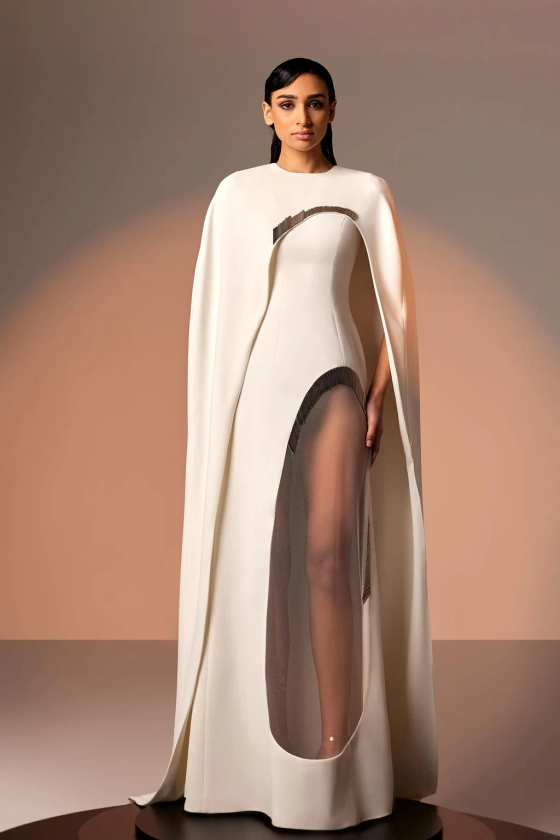 Crepe dress with sweep train cape