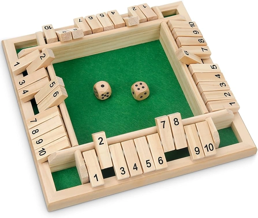 Würfelspiele Shut The Box Spiel ab 4 Jahre Four Sided Flop Würfelbrett & 2 Holzwürfel, Klassisches Würfelkönig Familien-Partyspiel für 1 bis 4 Spieler