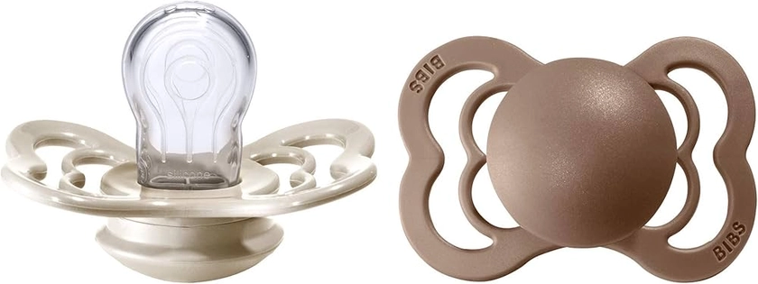 Tétine BIBS Supreme, lot de 2, silicone, tétine danoise de forme symétrique. Sans BPA. (Vanilla/Dark Oak, taille 1 (0-6 mois))