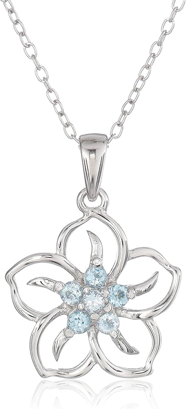 Amazon Essentials Genuine or Created Gemstone Birthstone Flower Pendant Necklace with Chain in Sterling Silver, 18" (previously Amazon Collection)